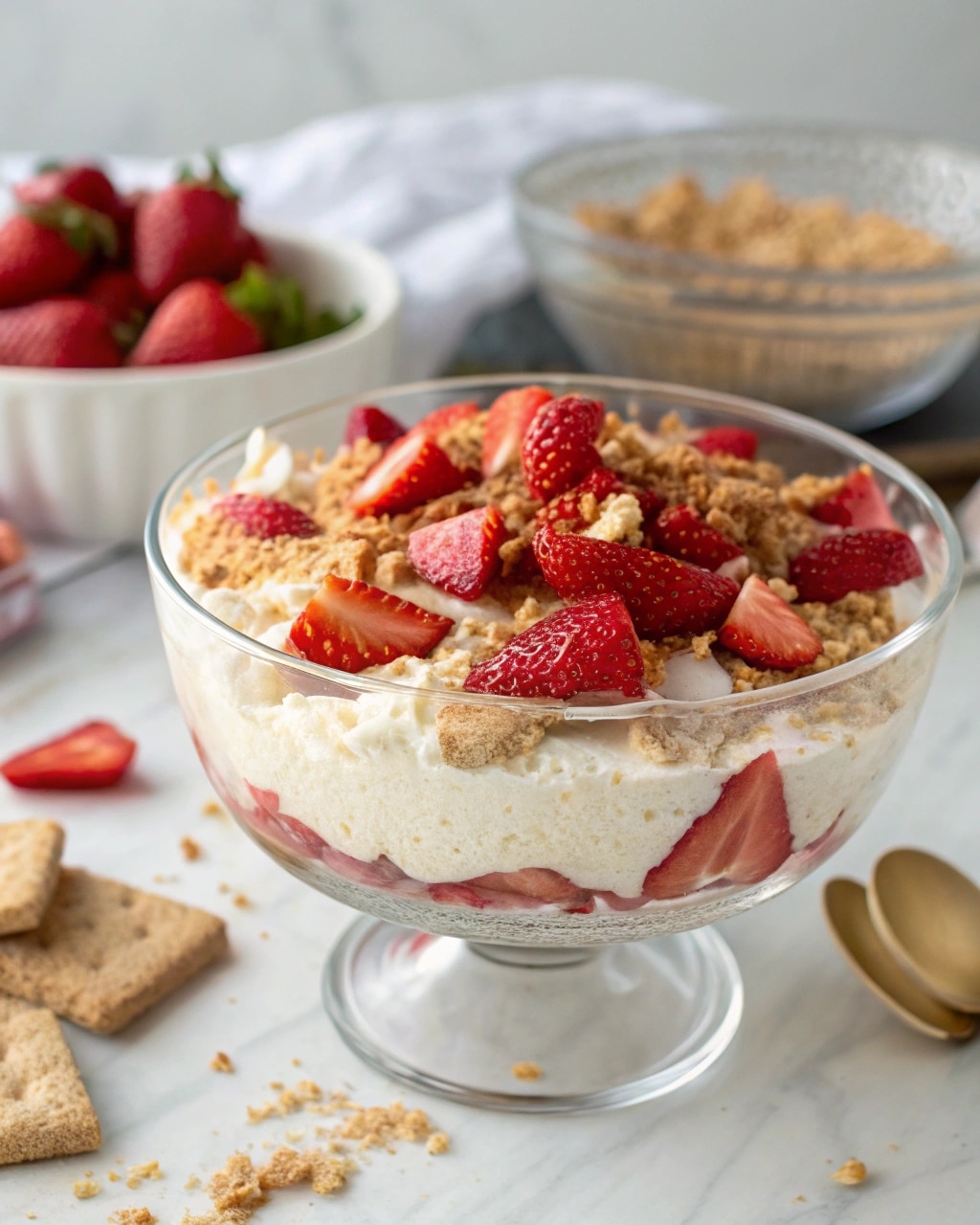 Creamy cottage cheese cheesecake dip topped with strawberries