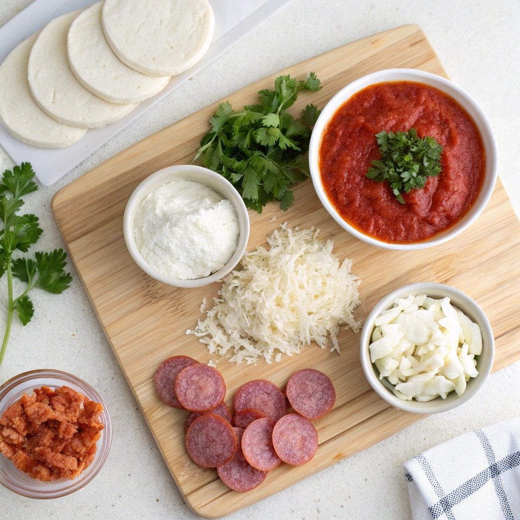 Cottage Cheese Pizza Bowl – The Best Low-Carb 10-Minute Dinner Idea 5 Cottage cheese pizza bowl ingredients arranged on a cutting board