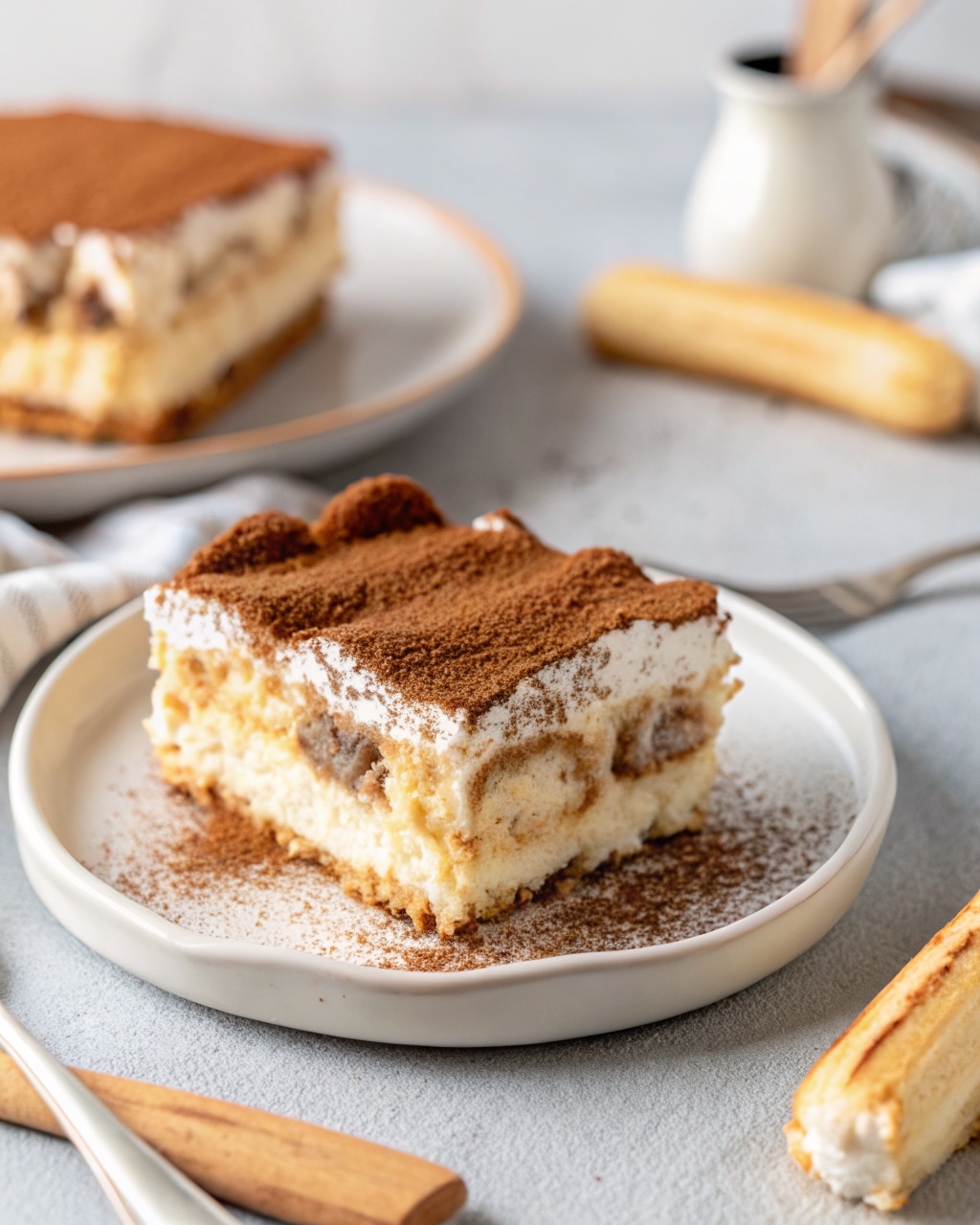 cottage cheese tiramisu served in glass dish with cocoa and mint