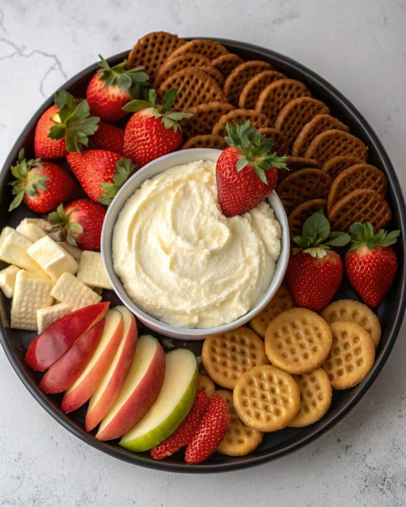 Cottage Cheese Cheesecake Dip: The Best Light, Creamy Twist You’ll Crave 8 Cheesecake dip on a dessert platter with fruits and crackers