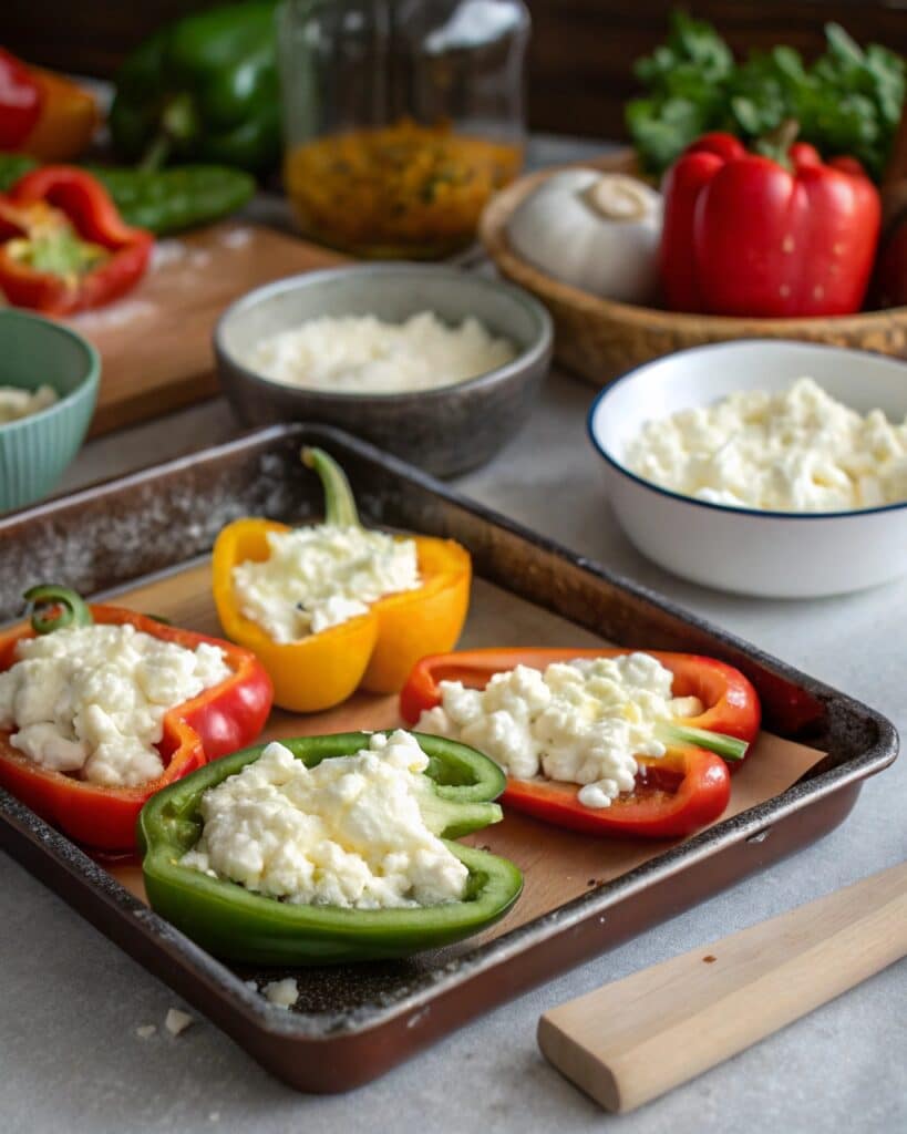 Stuffed Peppers with Cottage Cheese – A Healthy, Flavorful Twist You’ll Love 3 Cottage cheese filling being stuffed into bell peppers