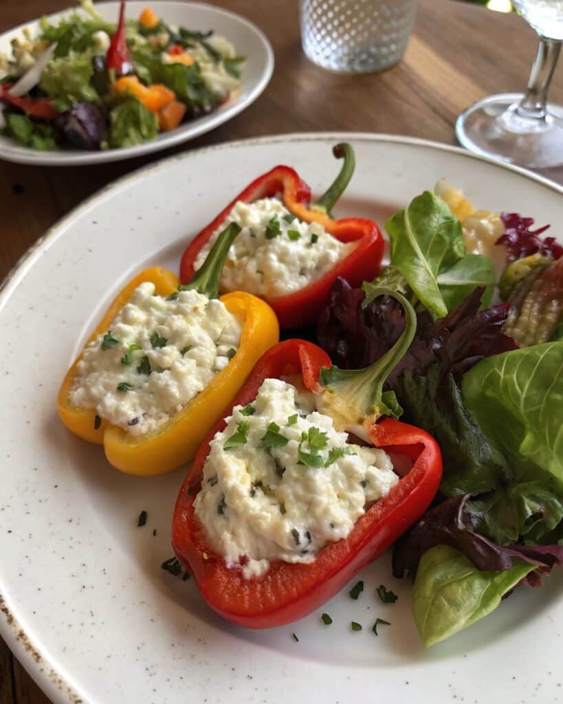 Stuffed Peppers with Cottage Cheese – A Healthy, Flavorful Twist You’ll Love 4 Stuffed peppers with cottage cheese served with salad