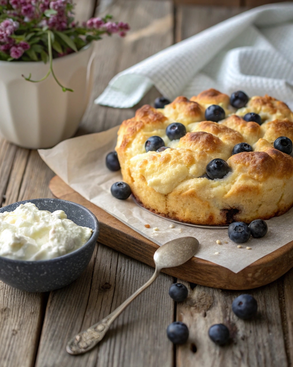 Cottage Cheese Blueberry Cloud Bread on rustic table