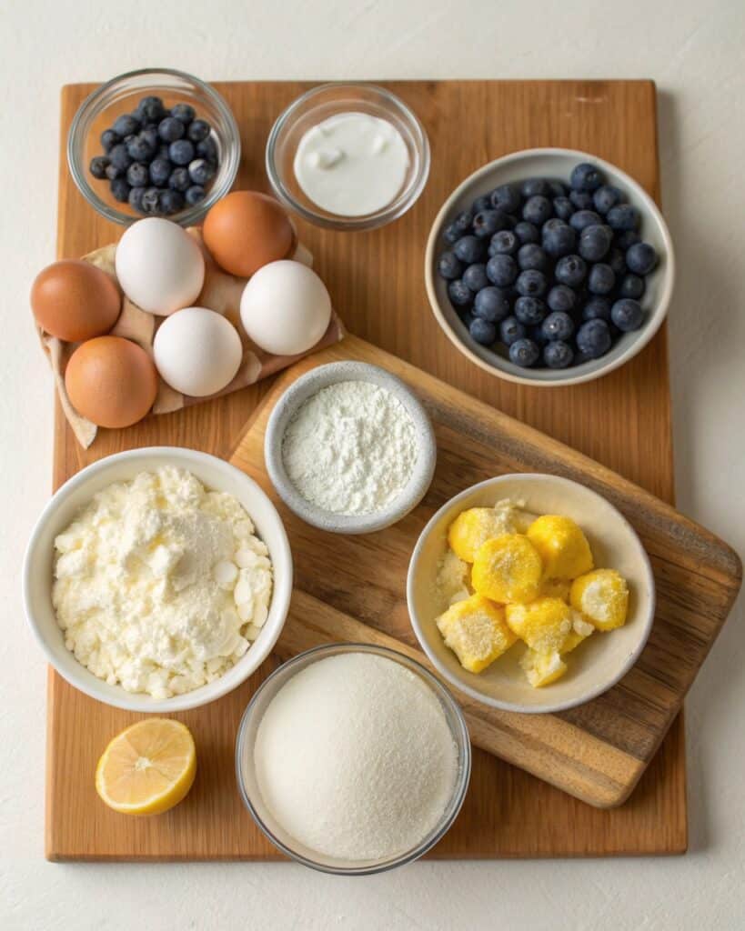 Cottage Cheese Blueberry Cloud Bread: Fluffy, Healthy Breakfast Recipe 6 Cottage Cheese Blueberry Cloud Bread recipe ingredients flat-lay
