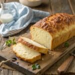 Flourless cottage cheese bread freshly sliced on a wooden table